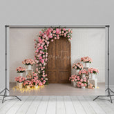 Aperturee - Aperturee White Brick Wall Pink Floral Wood Door Wedding Backdrop